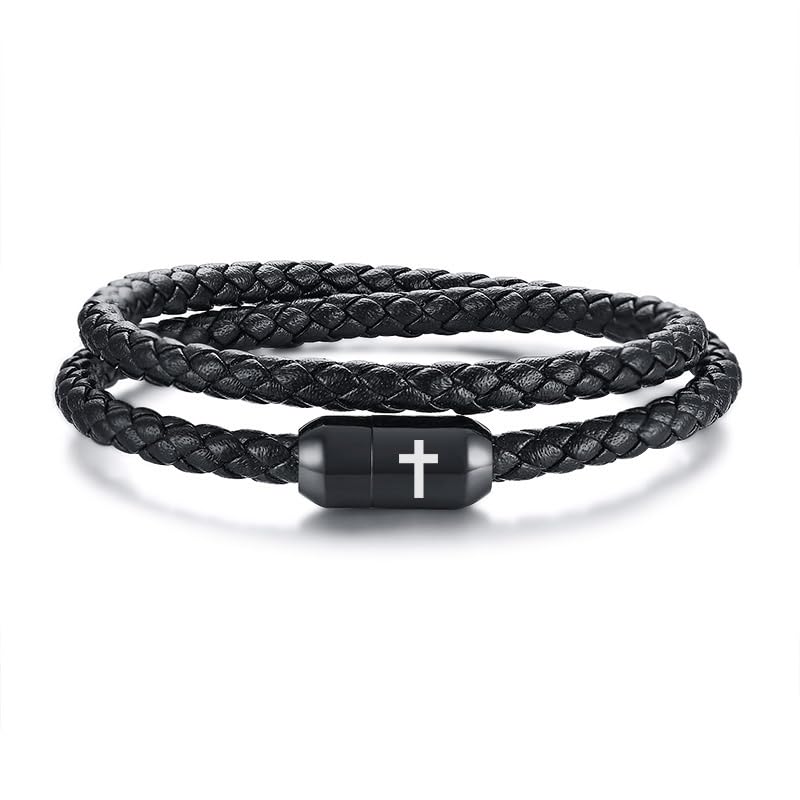 MEALGUET Men's Cross Bracelets Black Genuine Braided Double Wrap Jesus Cross Braided Leather Bracelets with Stainless Steel Clasp for Men Boyfriend,Christian Jewelry Gifts,7.6" - Image 1